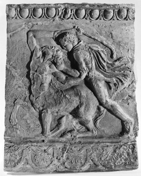 Campana  Relief of Theseus Slaying a Centaur; Italy; 4th century B.C; Terracotta and polychromy; 37.1 × 30.5 cm, 14 5,8 × 12 in