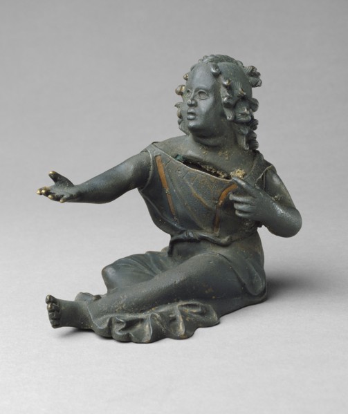 Coin Bank Shaped as a Beggar Girl; Roman Empire; about 25 - 50; Bronze, copper inlay; 12.2 × 13.5 cm, 4 13,16 × 5 5,16 in
