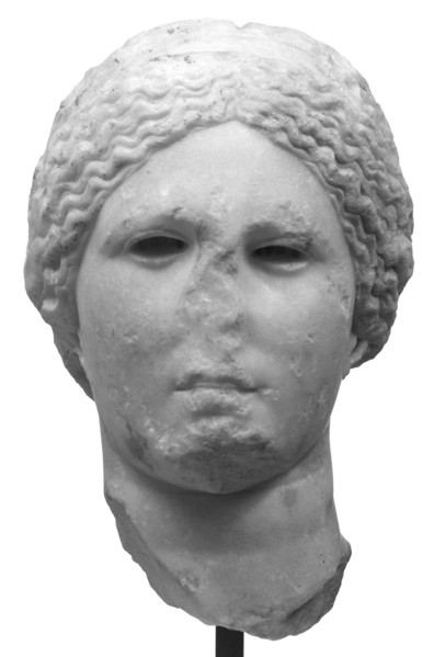 Variant of the Head of the Aphrodite of Cnidos; Greece; 99 - 75 B.C; Greek marble with large crystals; eyes hollowed for inlay