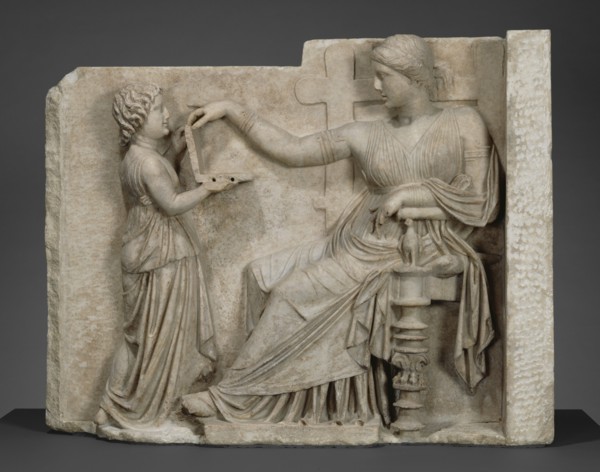 Gravestone with a Woman and Her Attendant;, Delos?, East Greece; about 100 B.C; Marble; 94.6 × 120.7 × 21.6 cm