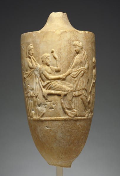 Sculpted Vessel with a Family Scene; Greece, Attica, about 360 B.C; Marble; 56.5 × 25.4 cm, 22 1,4 × 10 in