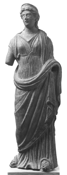 Fragmentary Statuette of a Goddess; Roman Empire; 2nd century A.D; Bronze with silver inlay; 16.9 cm, 0.424 kg, 6 5,8 in.
