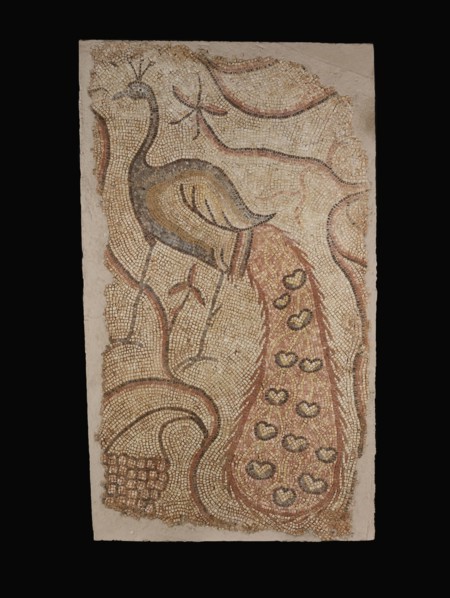 Mosaic Fragment with Peacock Facing Left; Syria; 5th–6th century; Mosaic; 196.9 × 115.5 × 7.3 cm, 77 1,2 × 45 1,2 × 2 7,8 in