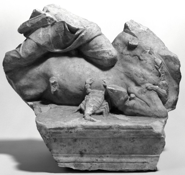Fragmentary Statuette of Mithras Tauroktonos; Roman Empire; mid-2nd century A.D; Marble; 31.1 × 34.3 × 23.5 cm