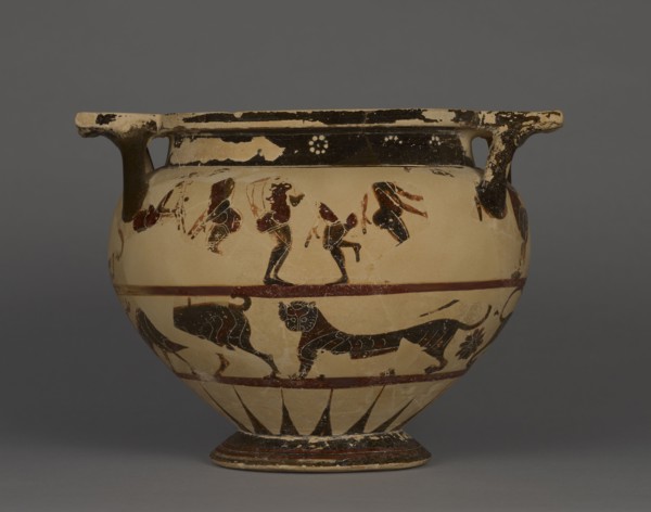 Corinthian Column Krater; Greece, Corinth, about 570 B.C; Terracotta; 21.7 × 29.5 × 22 cm, 8 9,16 × 11 5,8 × 8 11,16 in