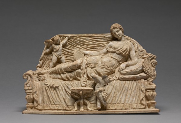 Imitation of a Statuette of a Female Reclining on a Couch with Erotes; Italy, ?, 1875 - 1890; Terracotta, pigment, and gold