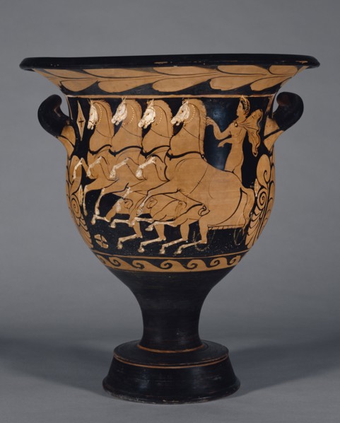 Campanian Bell Krater; Branicki Painter; Campania, South Italy; about 320 B.C; Terracotta; 43.8 × 40.6 cm, 17 1,4 × 16 in