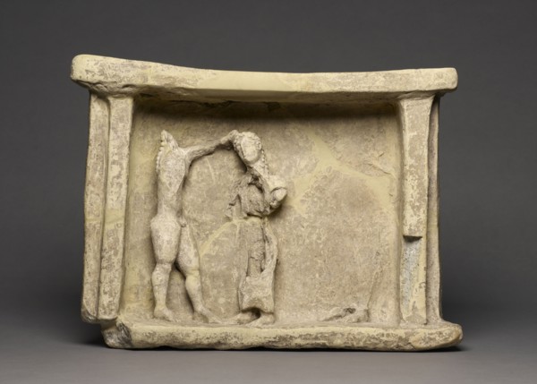 Relief with Orestes and Clytemnestra; Sicily, Italy; 550 - 525 B.C; Terracotta; 26.4 × 35.5 × 9 cm, 10 3,8 × 14 × 3 9,16 in