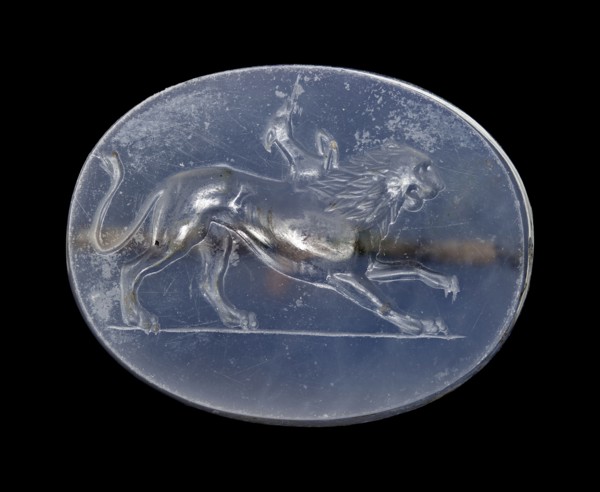 Engraved Scaraboid; about 400 B.C; Blue chalcedony; 0.9 × 2.4 × 1.8 cm, 3,8 × 15,16 × 11,16 in