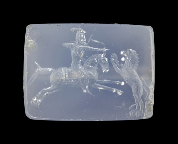 Engraved Tabloid Gem; Pendants Group; Asia Minor; about 400 B.C; Blue chalcedony; 1.1 × 1.4 × 1.9 cm, 7,16 × 9,16 × 3,4 in