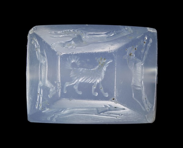 Engraved Tabloid Gem; Pendants Group; Asia Minor; about 400 B.C; Blue chalcedony; 1.1 × 1.4 × 1.9 cm, 7,16 × 9,16 × 3,4 in