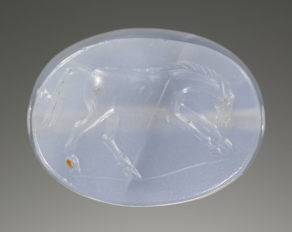 Scaraboid; Group of the Leaping Lions; Asia Minor; late 5th century B.C; Blue chalcedony; 0.8 × 2.1 × 1.6 cm