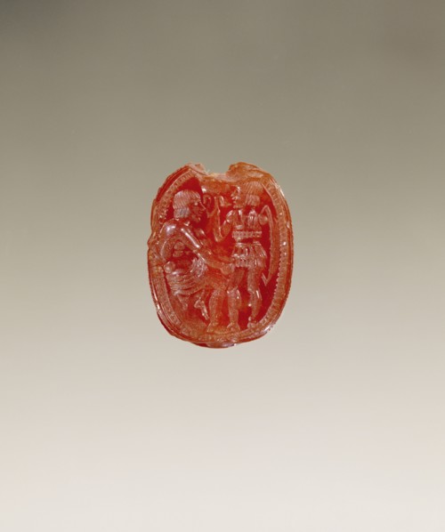 Gem Engraved with Achilles and Patroclus in Armor; Etruria; second half of 5th century B.C; Carnelian; 0.8 × 1.5 × 1.2 cm