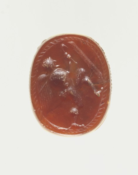 Scarab; Etruria; 4th century B.C; Carnelian; 0.8 × 1.5 × 1.2 cm, 5,16 × 9,16 × 1,2 in
