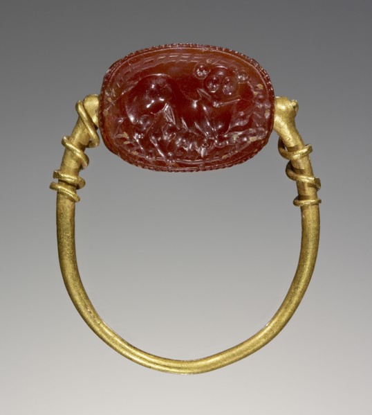 Scarab; Etruria; 4th century B.C; Carnelian, gold; 0.8 × 1.5 × 1.1 cm, 5,16 × 9,16 × 7,16 in