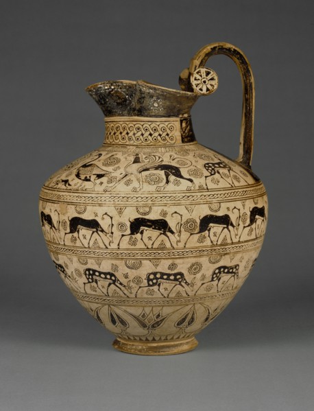 Pitcher with Waterbirds, Dogs, and Ruminants; Ionia, present-day western Turkey, about 625 B.C; Terracotta; 35.7 × 26.5 cm