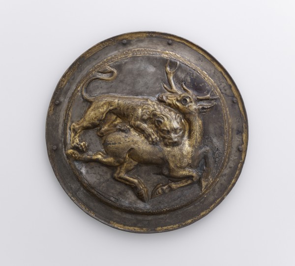 Phalera with Relief of Lion Attacking a Stag; Parthia; 2nd century B.C; Silver with gilding; 9 × 12.6 cm, 3 9,16 × 4 15,16 in
