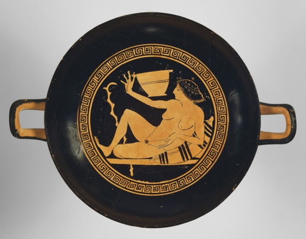Wine Cup with a Woman Playing a Game; Attributed to Onesimos, Greek, Attic, active 500 - 480 B.C., Athens, Greece; about 490 B
