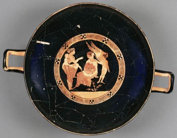Wine Cup with Demonassa and Peitho; Interior attributed to Meidias Painter, Greek, Attic, active 420 - 390 B.C., Athens