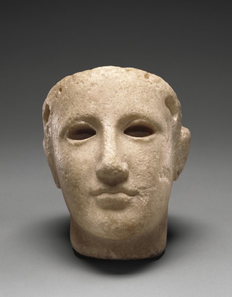 Head of Athena; South Italy; about 420 B.C; Marble; 21 × 14.1 × 15.8 cm, 8 1,4 × 5 9,16 × 6 1,4 in