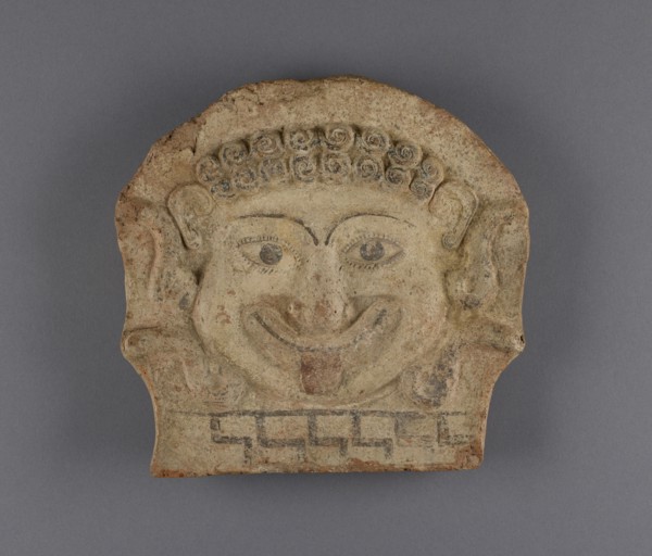 Gorgon Head Antefix; Greece; early 5th century B.C; Terracotta; 20.8 × 21.8 × 4.5 cm, 8 3,16 × 8 9,16 × 1 3,4 in