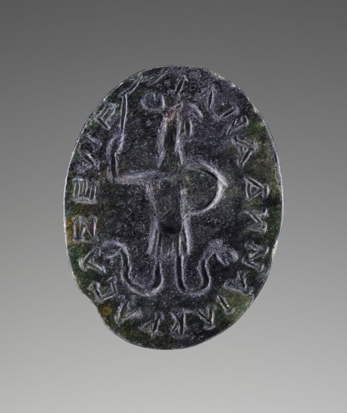 Engraved Gem with Abrasax and a magical inscription; 100 - 250; Green chalcedony; 2 × 1.6 × 0.2 cm, 13,16 × 5,8 × 1,16 in