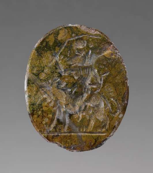 Double-Sided Engraved Gem with Magical Inscription; Roman Empire; 2nd - 4th century; Brecciated jasper & chalcedony; 7 × 1.5 cm
