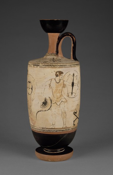 Oil Jar with a Young Man Arming; Attributed to Douris, Greek, Attic, active 500 - 460 B.C., Athens, Greece; 500 - 490 B.C