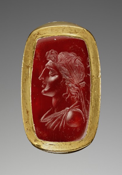 Ring with an Engraved Gem; 1st century B.C; Gem: ruby red carnelian: ring: gold; 2.2 × 1.3 × 0.3 cm, 7,8 × 1,2 × 1,8 in