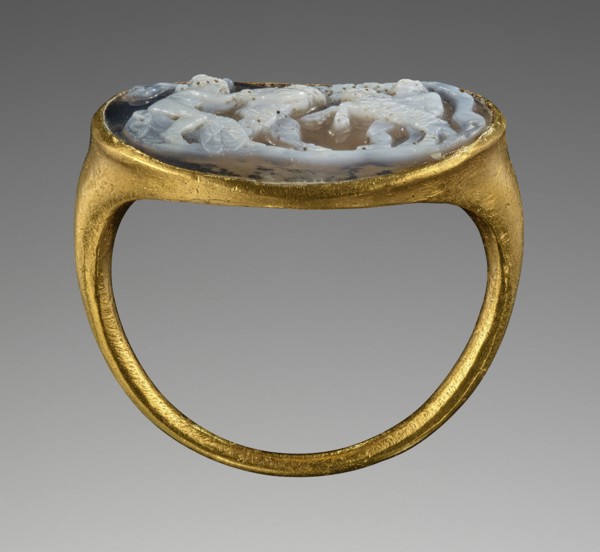 Pan Battling a Goat; Attributed to Sostratos or Workshop, Greek ?, about 25 - 1 B.C., 25 - 1 B.C; Cameo: sardonyx; ring: gold