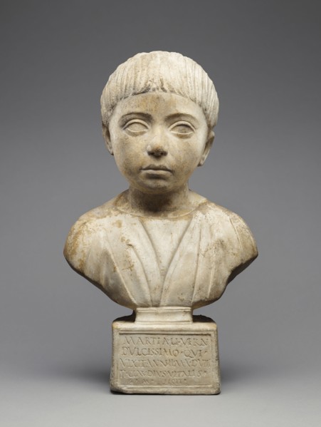 Portrait Bust with Inscription; Roman Empire; A.D. 100–115; Marble; 40.5 × 20 × 10 cm, 15 15,16 × 7 7,8 × 3 15,16 in