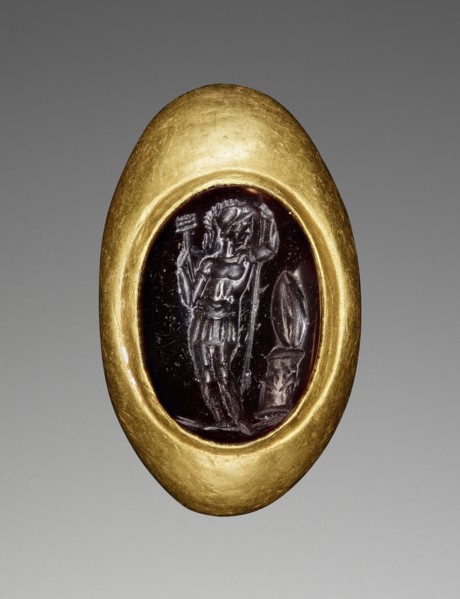 Engraved Gem with Mars inset into a Hollow Ring; 2nd–1st century B.C; Gem: red garnet; ring: gold; 1.8 × 1.3 × 6.5 cm