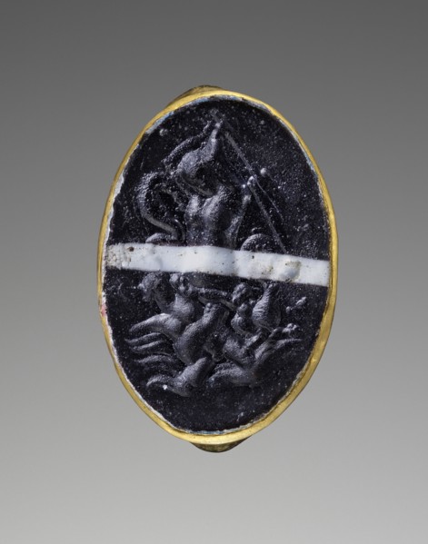 Cast Gem with Scylla attacking a Sailor set into a Ring; second half of 1st century B.C; Gem: glass; ring: gold; 1.8 × 1.3 cm
