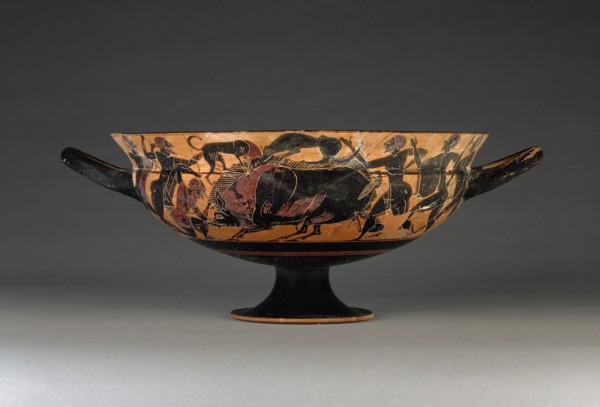 Wine Cup with a Boar Hunt; Painter of Boston C.A; Athens, Greece; about 560 B.C; Terracotta; 12.9 × 33.8 × 26.2 cm