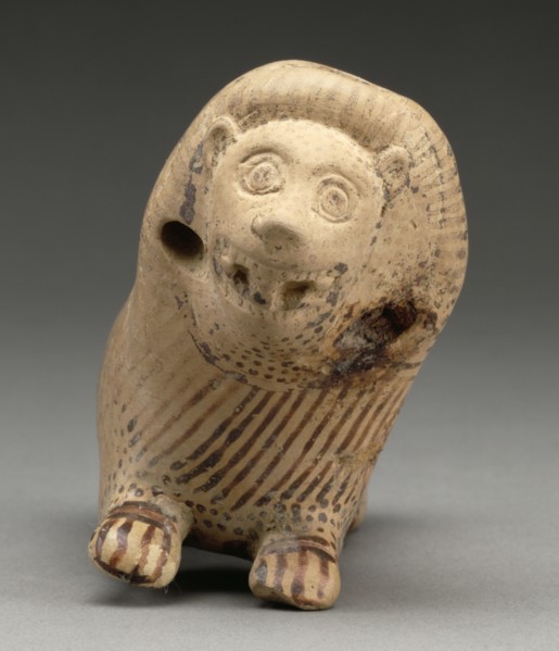 Rattle in the Shape of a Lion; Corinth, Greece; about 600 - 575 B.C; Terracotta; 5.1 x 2.7 x 10.1 cm, 2 x 1 1,16 x 3 15,16 in