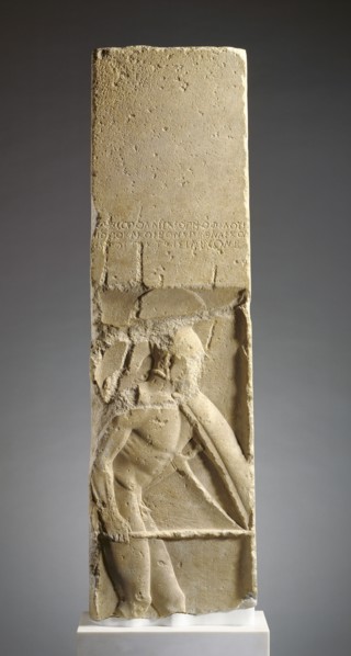 Gravestone of Pollis; Megara, Greece; about 480 B.C; Parian marble; 153 × 45.1 × 15.9 cm, 60 1,4 × 17 3,4 × 6 1,4 in
