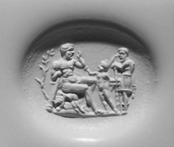 Engraved Gem with Hercules and Telephus; 50 - 150; Nicolo; 1.4 × 1.1 × 0.4 cm, 9,16 × 7,16 × 1,8 in