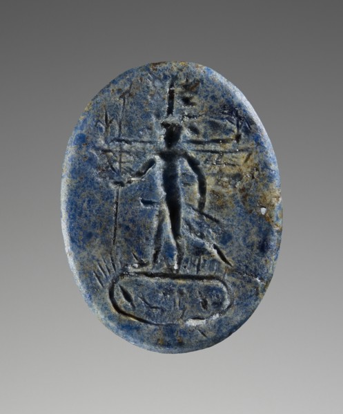 Engraved Gem with Bes-Pantheos and Anubis; Italy; 100 - 250; Lapis lazuli; 1.2 × 0.9 × 0.2 cm, 1,2 × 3,8 × 1,16 in