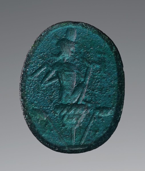 Engraved Gem, Roman Empire; 2nd - 4th century; Greenish-blue glass; 2 × 1.6 cm, 13,16 × 5,8 in