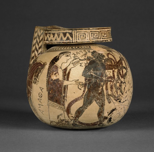 Oil Container; Corinth, Greece; first quarter of 6th century B.C; Terracotta; 11.2 × 11.7 cm, 4 7,16 × 4 5,8 in