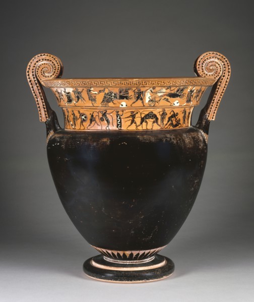 Mixing Vessel with Athletic Activities and Battle Scenes; Attributed to the Leagros Group, Greek, Attic, active 525 - 500 B.C