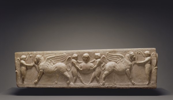 Roman Sarcophagus of a Boy with Erotes Feeding Griffins; Rome, Lazio, Italy; 110 - 130; Marble; 45 x 116 cm