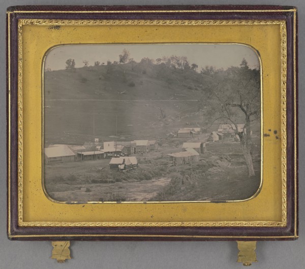 View of California mining town with Rancherie House,  Hotel, and Sweata & Francis Bldg; Robert H. Vance, American, 1825 - 1876