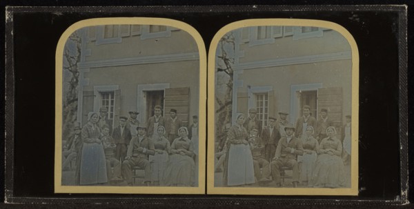 Group portrait of twelve servants of Jean-Gabriel Eynard; Jean-Gabriel Eynard, Swiss, 1775 - 1863, about 1852; Stereograph