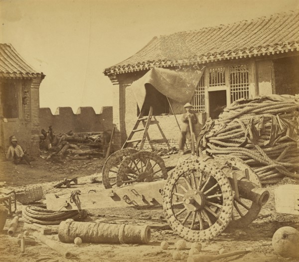 Interior of the Pehtang Fort Showing the Magazine and Wooden Gun; Felice Beato, 1832 - 1909, August 1