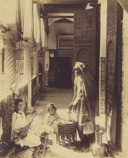 Woman playing sitar with child; French; Algiers, Algeria; about 1870 - 1890; Albumen silver print