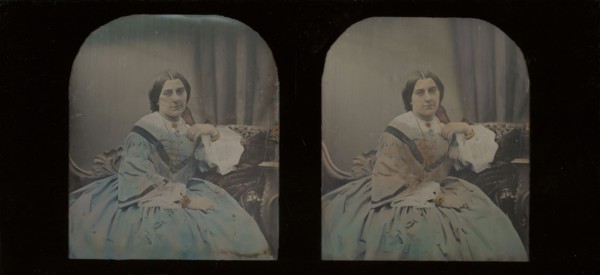 Portrait of a middle-aged woman; Antoine Claudet, French, 1797 - 1867, about 1855; Stereograph, daguerreotype, hand-colored