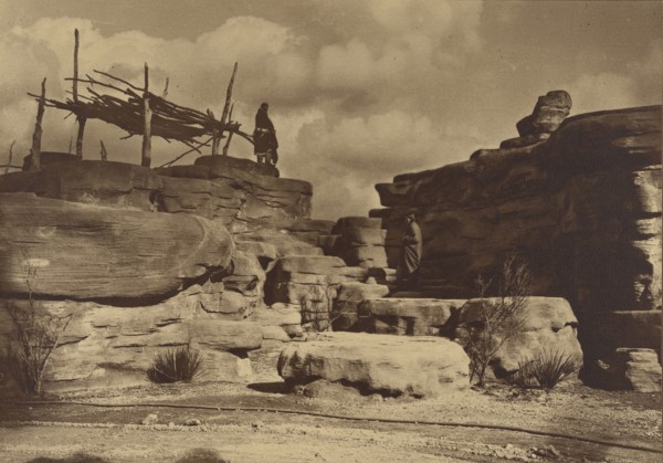 Figure on Rocks with Shelter; Frederick I. Monsen, American, 1865 - 1929, 1887 - 1906; Toned gelatin silver print