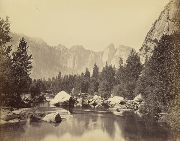 View of the Merced - Cathedral Rocks in Distance; Carleton Watkins, American, 1829 - 1916, 1865 - 1866; Albumen silver print