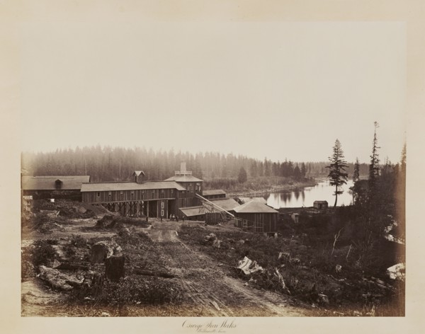 Oswego Ironworks, Willamette River; Carleton Watkins, American, 1829 - 1916, Oregon, United States; 1867; Albumen silver print
